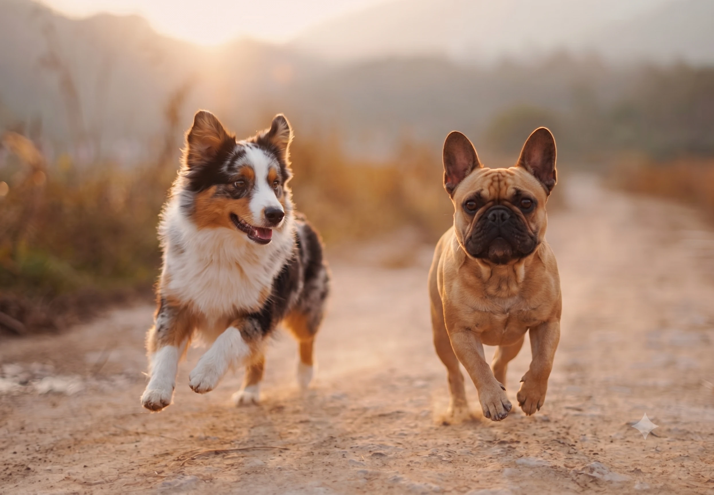 Dogs running happily through a grassy field